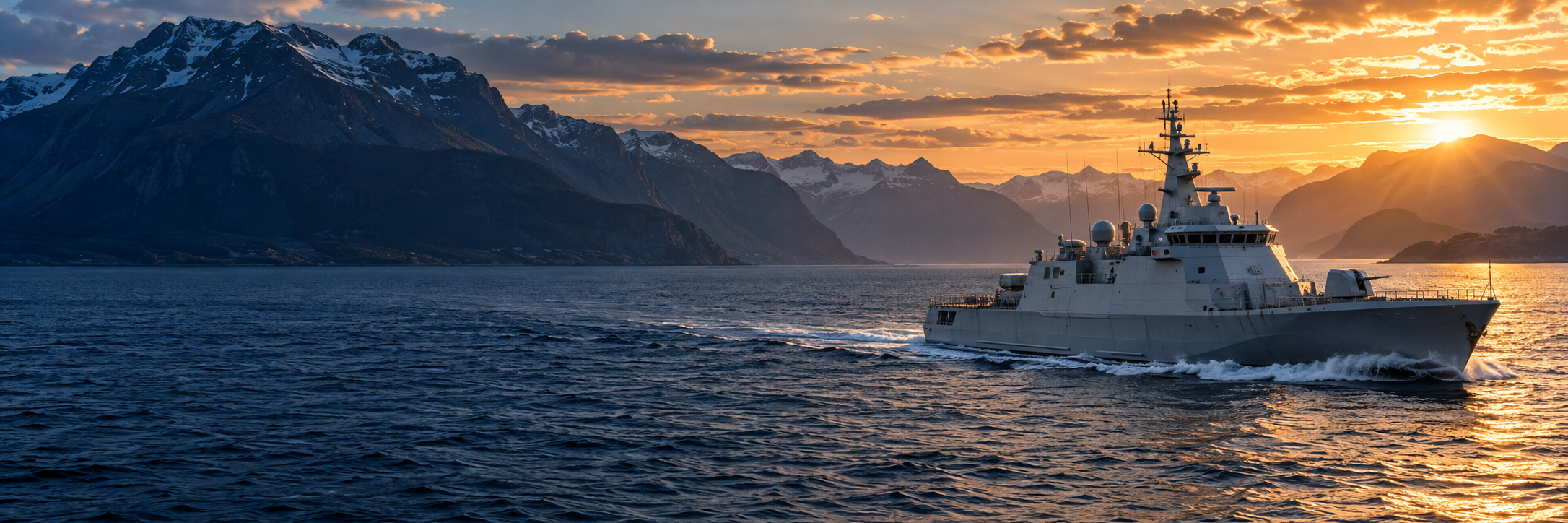 Illustrative naval patrol vessel in a Norwegian fjord
