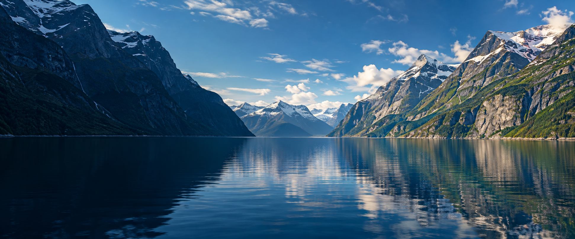 Norwegian fjord with mountains reflected in calm water